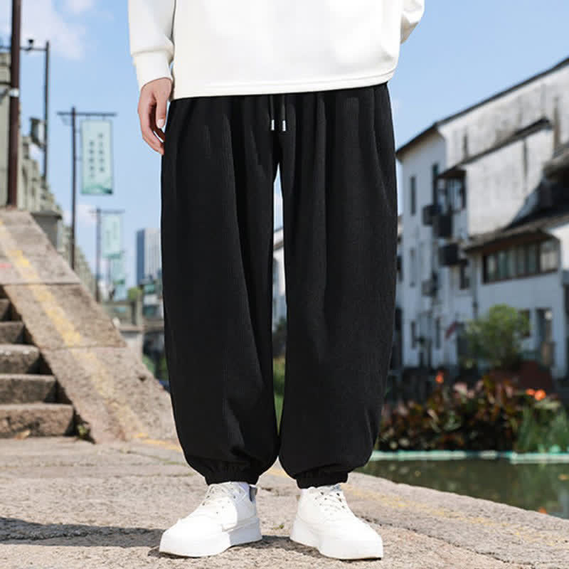 Buddha Stones Winter Basic Klassische Cordhose mit Kordelzug, einfarbig, knöchellang, Herren-Haremshose mit Taschen - Schwarz - US/UK/AU46, EU56 (5XL) - image 8