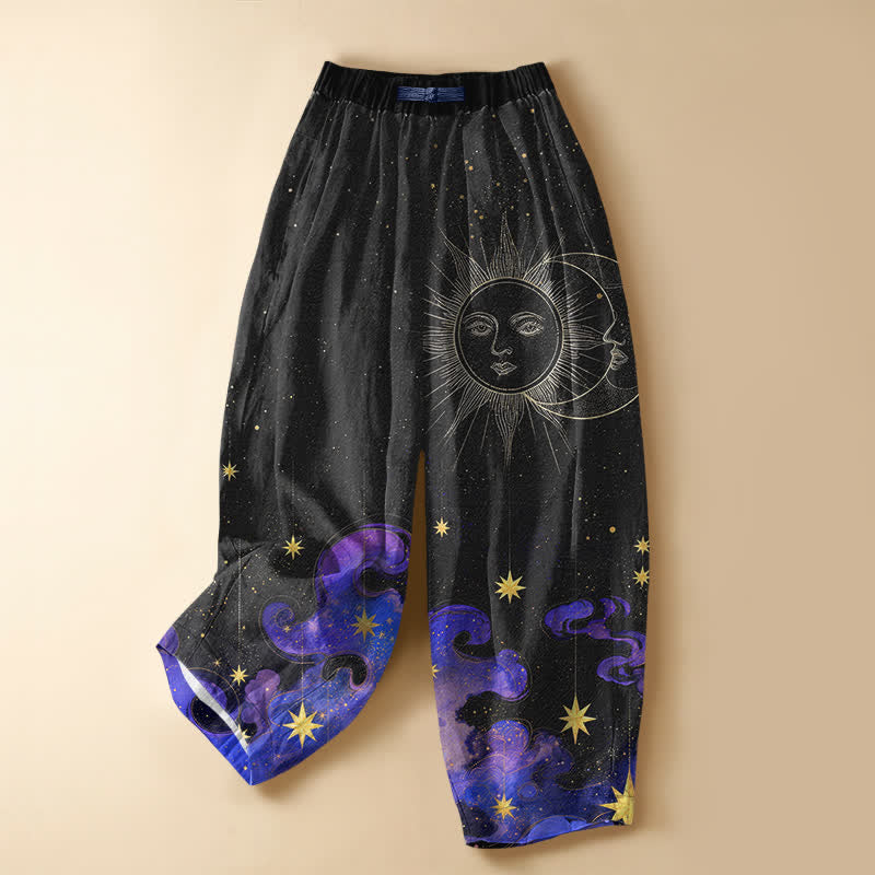 Buddha Stones Reine Baumwolle, Haremshose mit himmlischem Sonne-, Mond- und Sternenhimmelmuster, Froschknopfverschluss, elastischem Bund und Taschen - Schwarz - US16, UK/AU20, EU48 (3XL) - image 0