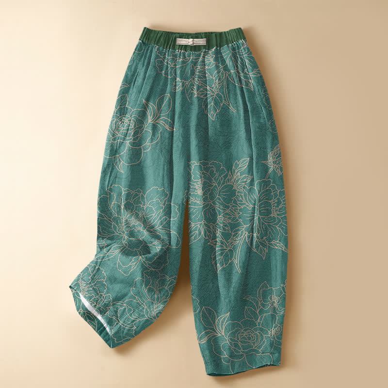 Buddha Stones Damen-Haremshose aus reiner Baumwolle mit Vintage-Blumenmuster, Froschknopfverschluss, elastischem Bund und Taschen - Dunkeltürkis - US16, UK/AU20, EU48 (3XL) - image 0