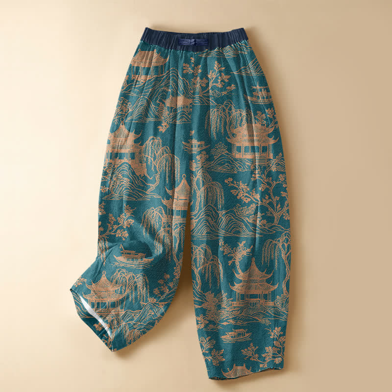 Buddha Stones Damen-Haremshose aus reiner Baumwolle mit Vintage-Landschaftspavillonmuster, Froschknopfverschluss, elastischem Bund und Taschen - Türkis - US16, UK/AU20, EU48 (3XL) - image 0