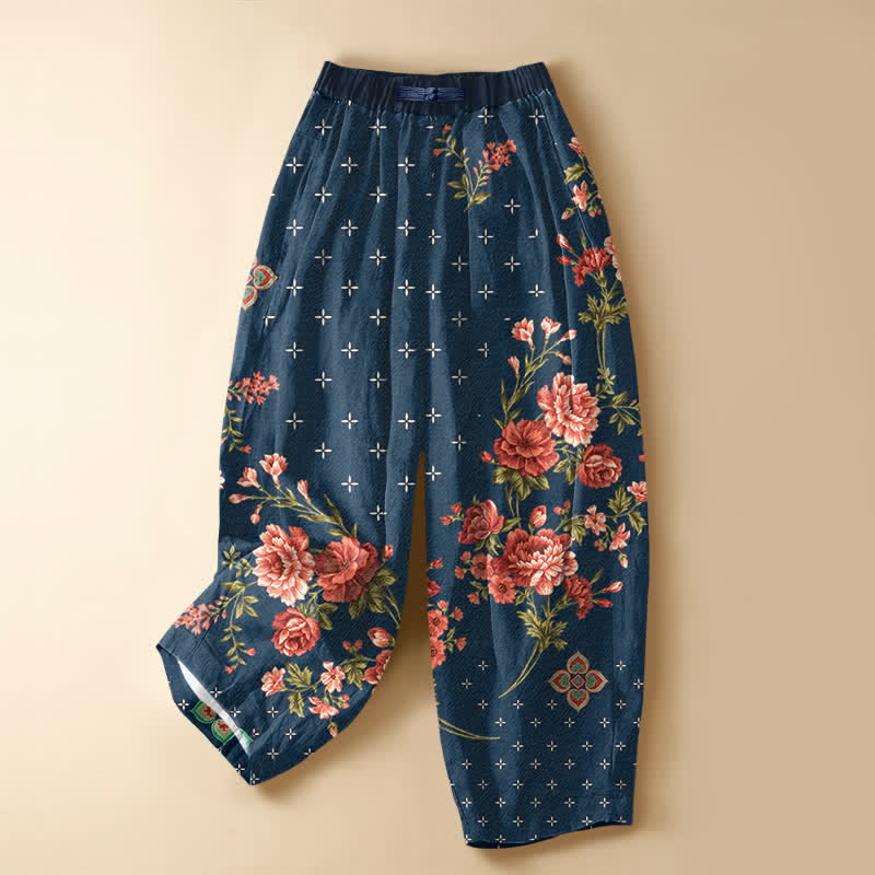 Buddha Stones Damen-Haremshose aus reiner Baumwolle mit Vintage-Blumen- und geometrischem Muster, Froschknopfverschluss, elastischem Bund und Taschen - Mitternachtsblau - US16, UK/AU20, EU48 (3XL) - image 0