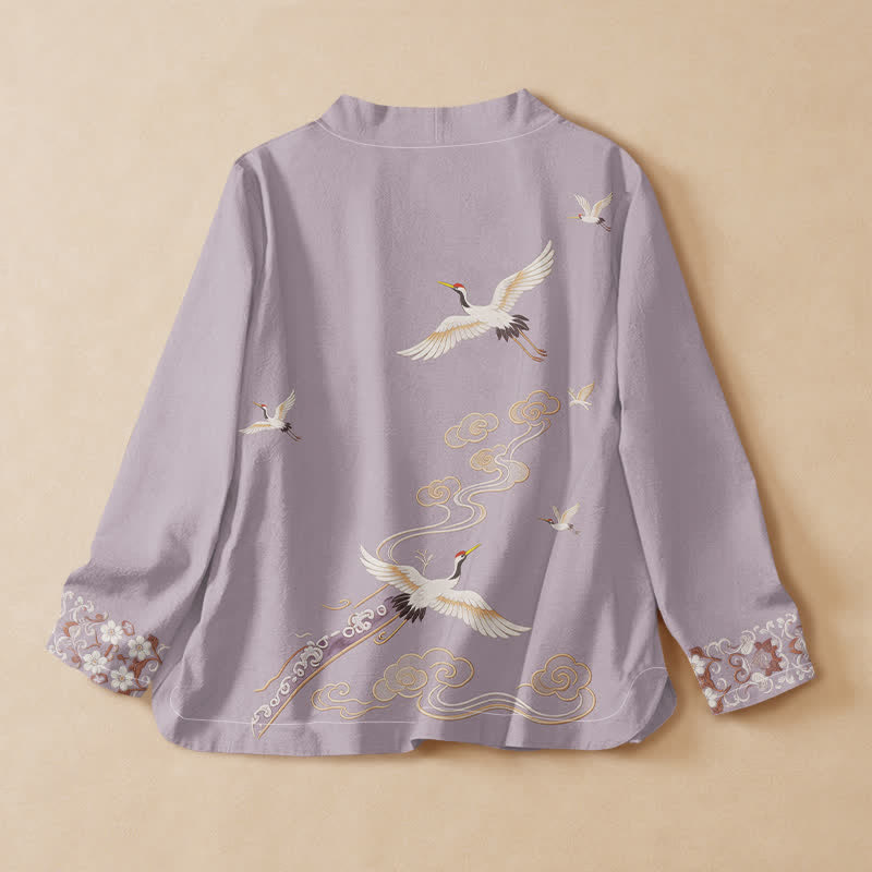 Buddha Stones Kimono aus Baumwolle mit fliegendem Kranichmuster, Wickeloptik, V-Ausschnitt und Schnürung, langärmlig, für Damen - image 1