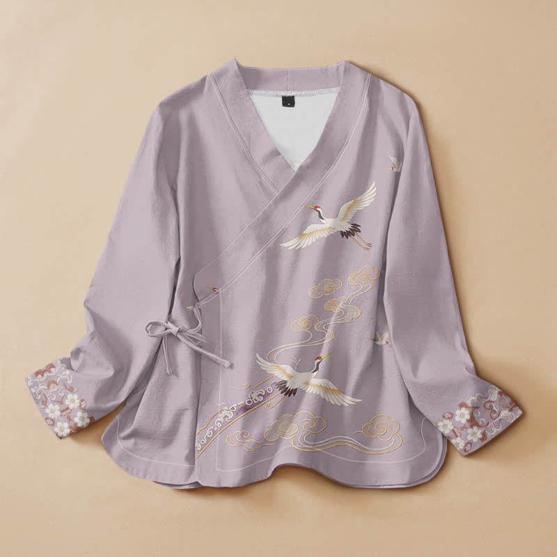 Buddha Stones Kimono aus Baumwolle mit fliegendem Kranichmuster, Wickeloptik, V-Ausschnitt und Schnürung, langärmlig, für Damen - Distel - US16, UK/AU20, EU48 (3XL) - image 0