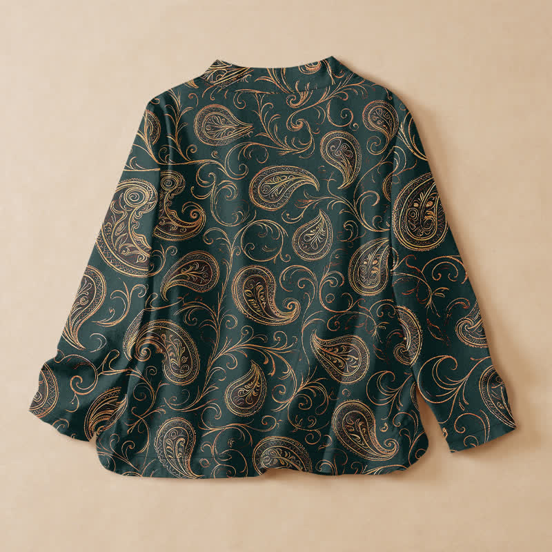 Buddha Stones Baumwoll-Kimono im Vintage-Paisley-Rankenmuster, Hanfu-Stil, Wickeloptik, V-Ausschnitt, Schnürung, Langarm, Damen - image 1