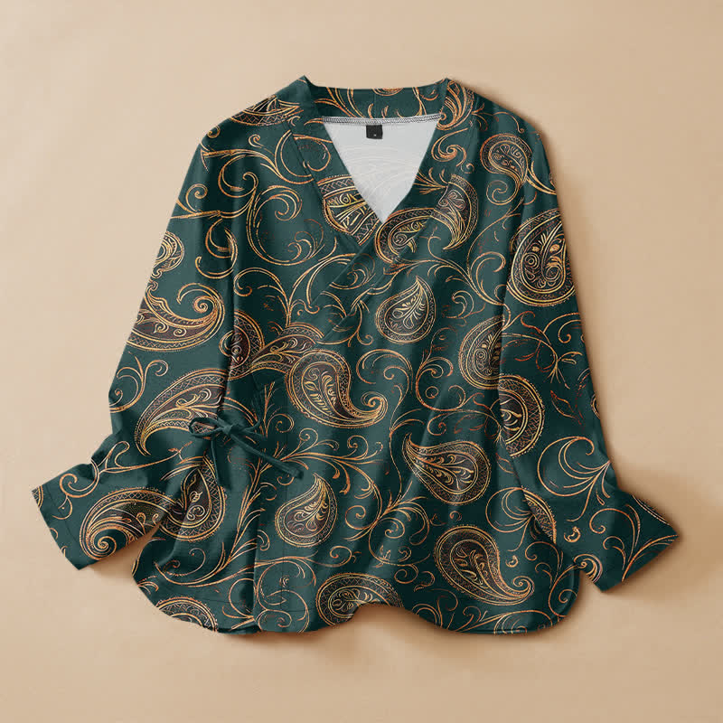 Buddha Stones Baumwoll-Kimono im Vintage-Paisley-Rankenmuster, Hanfu-Stil, Wickeloptik, V-Ausschnitt, Schnürung, Langarm, Damen - Türkis - US16, UK/AU20, EU48 (3XL) - image 0