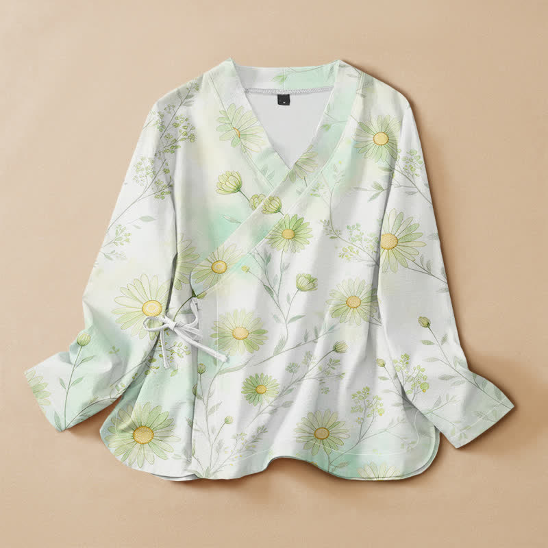 Buddha Stones Baumwollbluse im Hanfu-Stil mit Gänseblümchenmuster, Wickeloptik, V-Ausschnitt und Schnürung, Langarm-Kimono für Damen - Honigmelone - US16, UK/AU20, EU48 (3XL) - image 0