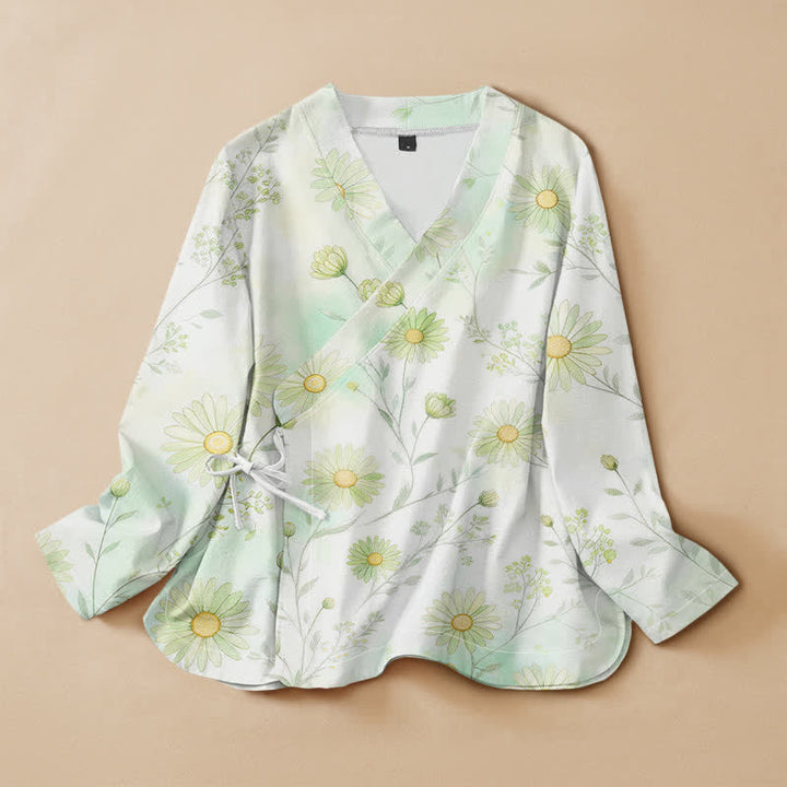 Buddha Stones Baumwollbluse im Hanfu-Stil mit Gänseblümchenmuster, Wickeloptik, V-Ausschnitt und Schnürung, Langarm-Kimono für Damen - Honigmelone - US16, UK/AU20, EU48 (3XL) - image 0