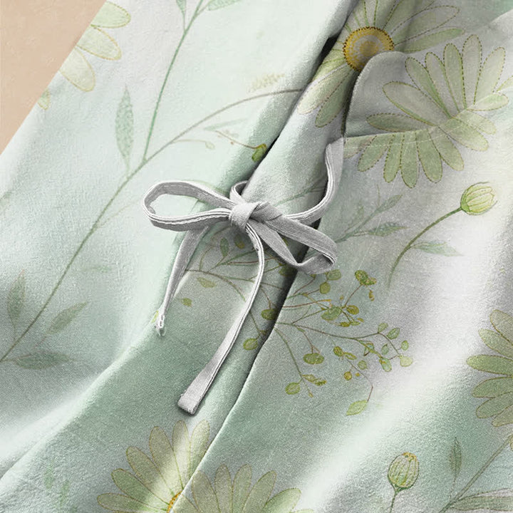 Buddha Stones Baumwollbluse im Hanfu-Stil mit Gänseblümchenmuster, Wickeloptik, V-Ausschnitt und Schnürung, Langarm-Kimono für Damen - image 3