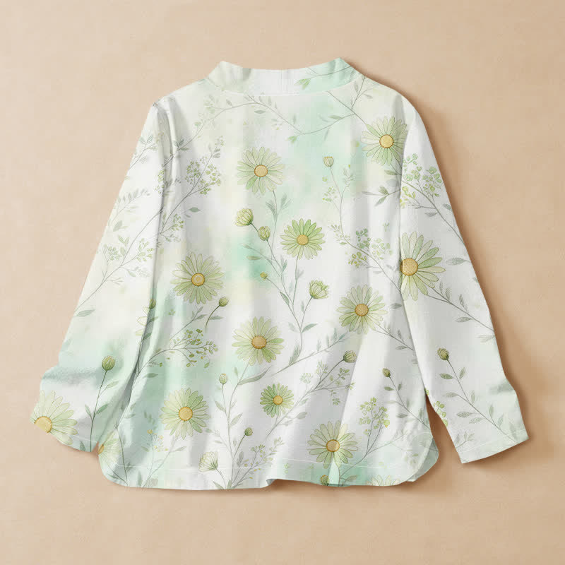 Buddha Stones Baumwollbluse im Hanfu-Stil mit Gänseblümchenmuster, Wickeloptik, V-Ausschnitt und Schnürung, Langarm-Kimono für Damen - image 1