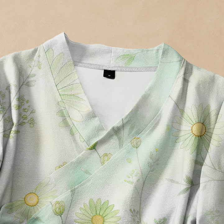 Buddha Stones Baumwollbluse im Hanfu-Stil mit Gänseblümchenmuster, Wickeloptik, V-Ausschnitt und Schnürung, Langarm-Kimono für Damen - image 2