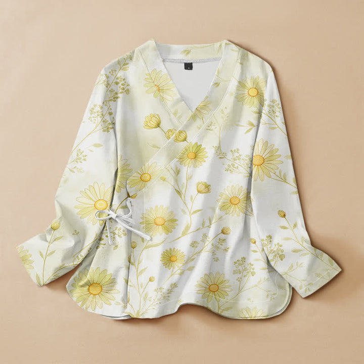 Buddha Stones Baumwollbluse im Hanfu-Stil mit Gänseblümchenmuster, Wickeloptik, V-Ausschnitt und Schnürung, Langarm-Kimono für Damen - Elfenbein - US16, UK/AU20, EU48 (3XL) - image 5