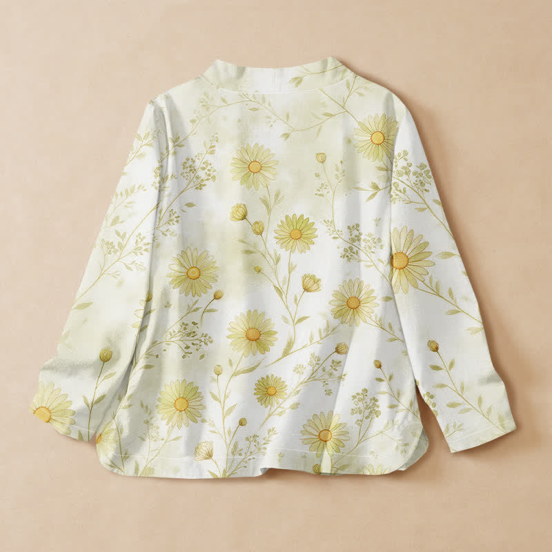 Buddha Stones Baumwollbluse im Hanfu-Stil mit Gänseblümchenmuster, Wickeloptik, V-Ausschnitt und Schnürung, Langarm-Kimono für Damen - image 6