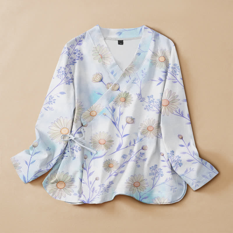 Buddha Stones Baumwollbluse im Hanfu-Stil mit Gänseblümchenmuster, Wickeloptik, V-Ausschnitt und Schnürung, Langarm-Kimono für Damen - AliceBlue - US16, UK/AU20, EU48 (3XL) - image 7