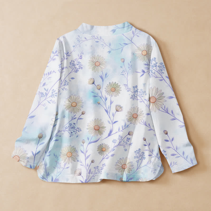 Buddha Stones Baumwollbluse im Hanfu-Stil mit Gänseblümchenmuster, Wickeloptik, V-Ausschnitt und Schnürung, Langarm-Kimono für Damen - image 8