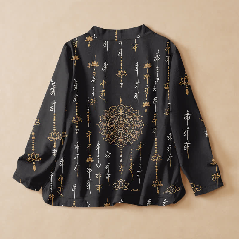 Buddha Stones Baumwoll-Kimono mit Mandala-Print im Hanfu-Stil, Wickeloptik, V-Ausschnitt und Schnürung, Langarm, Damenbluse - image 1