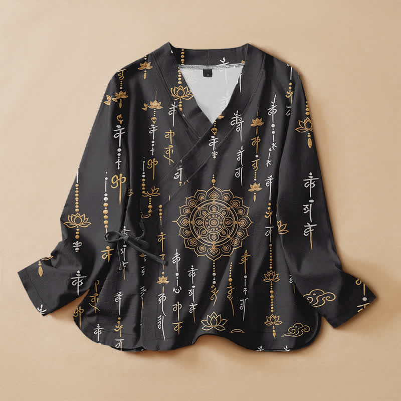 Buddha Stones Baumwoll-Kimono mit Mandala-Print im Hanfu-Stil, Wickeloptik, V-Ausschnitt und Schnürung, Langarm, Damenbluse - Schwarz - US16, UK/AU20, EU48 (3XL) - image 0