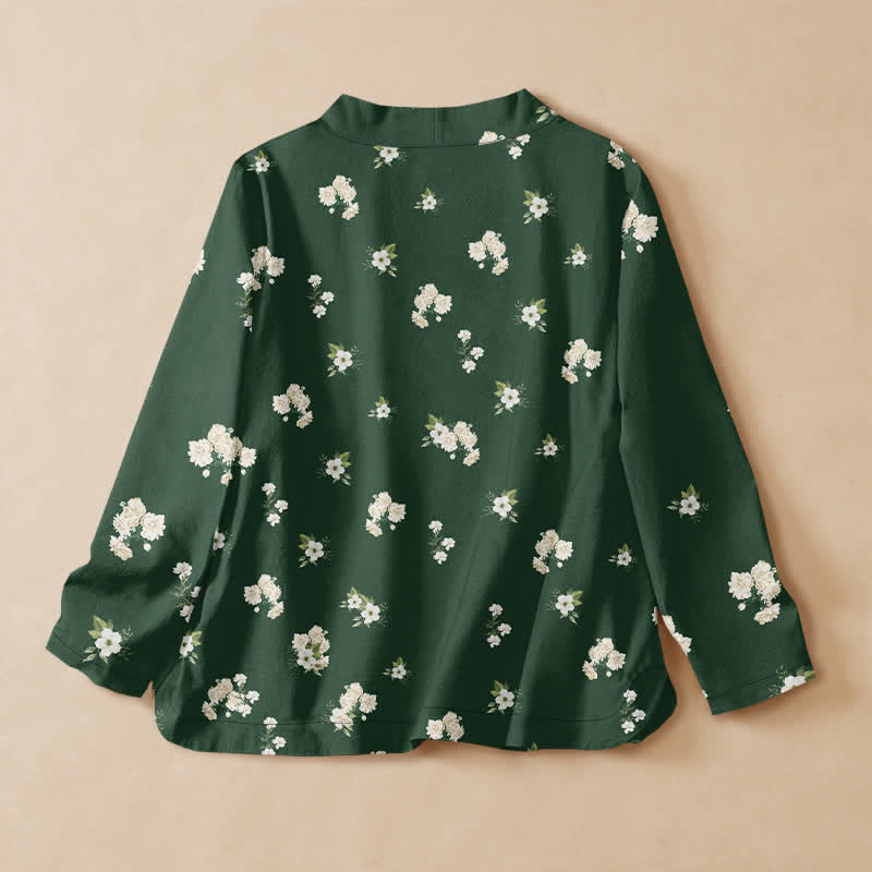 Buddha Stones Kimono-Wickelbluse mit V-Ausschnitt, Schnürung und Vintage-Wildblumenmuster aus Baumwolle für Damen, langärmlig - image 1