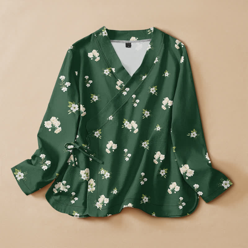 Buddha Stones Kimono-Wickelbluse mit V-Ausschnitt, Schnürung und Vintage-Wildblumenmuster aus Baumwolle für Damen, langärmlig - SeaGreen - US16, UK/AU20, EU48 (3XL) - image 0