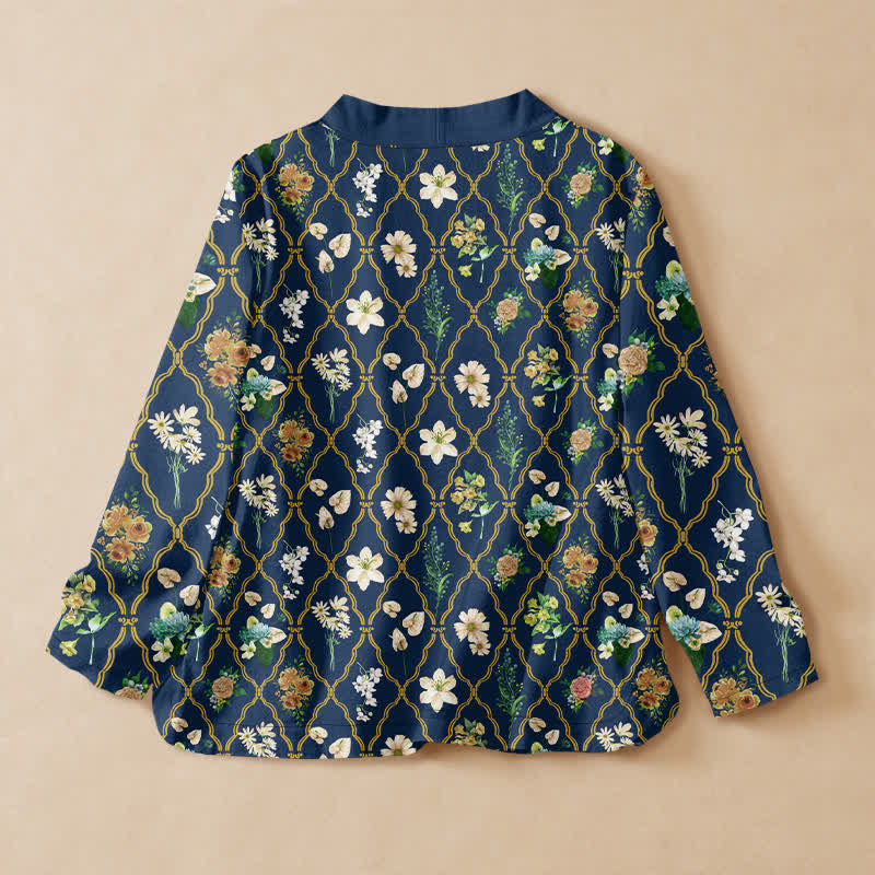 Buddha Stones Kimono-Hemd aus Baumwolle im Vintage-Stil mit floralem Rankenmuster, Wickeloptik, V-Ausschnitt und Schnürung, Langarm, Hanfu-Stil, Damen - image 1