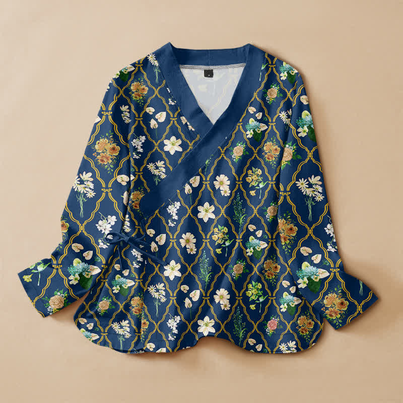 Buddha Stones Kimono-Hemd aus Baumwolle im Vintage-Stil mit floralem Rankenmuster, Wickeloptik, V-Ausschnitt und Schnürung, Langarm, Hanfu-Stil, Damen - Marine - US16, UK/AU20, EU48 (3XL) - image 0