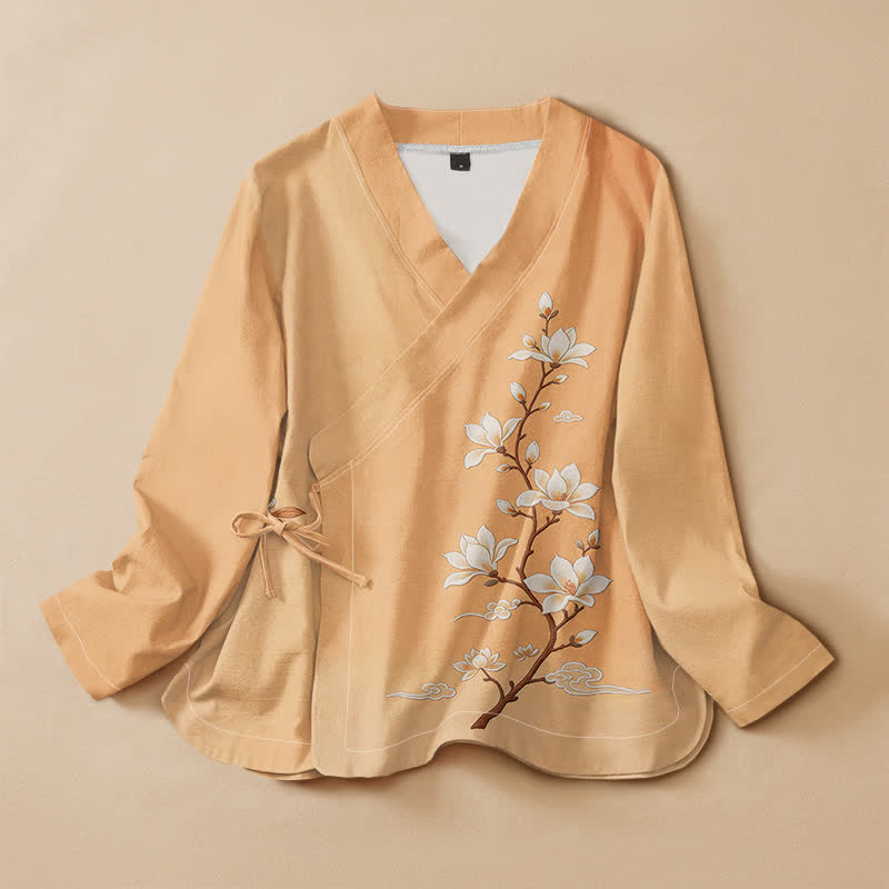 Buddha Stones Baumwollbluse im Hanfu-Stil mit Magnolienblütenzweig-Print, Wickeloptik, V-Ausschnitt und Schnürung, langärmlig, Kimono für Damen - NavajoWhite - US16, UK/AU20, EU48 (3XL) - image 0