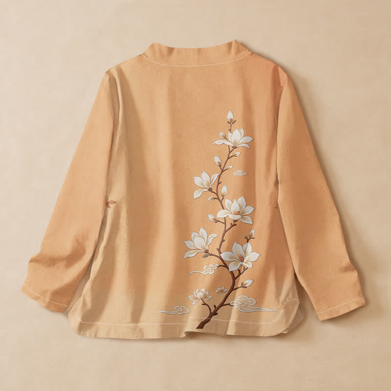 Buddha Stones Baumwollbluse im Hanfu-Stil mit Magnolienblütenzweig-Print, Wickeloptik, V-Ausschnitt und Schnürung, langärmlig, Kimono für Damen - image 1