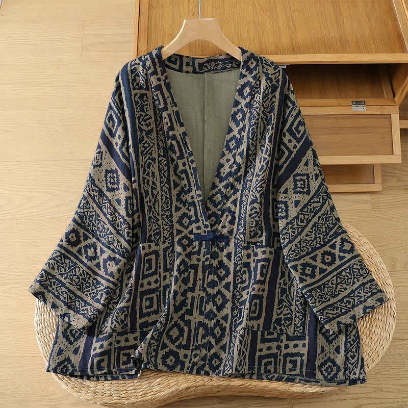 Buddha Stones Lässiger, offener Kimono im Vintage-Stil mit geometrischem Muster und Tasche für Damen, Frühlingslauge. - Bräunen - US4-14, UK/AU8-18, EU36-46 (F) - image 0