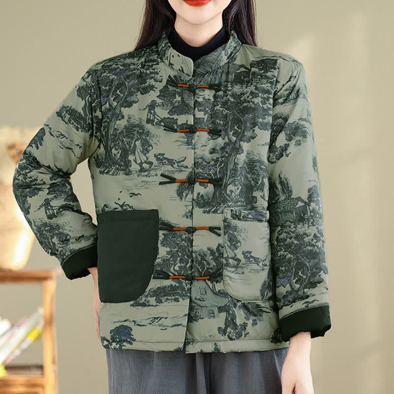Buddha Stones Herbst/Winter Vintage Tang Style Kurze Damenjacke mit Froschknopfleiste und Baumprint, Taschen - image 1