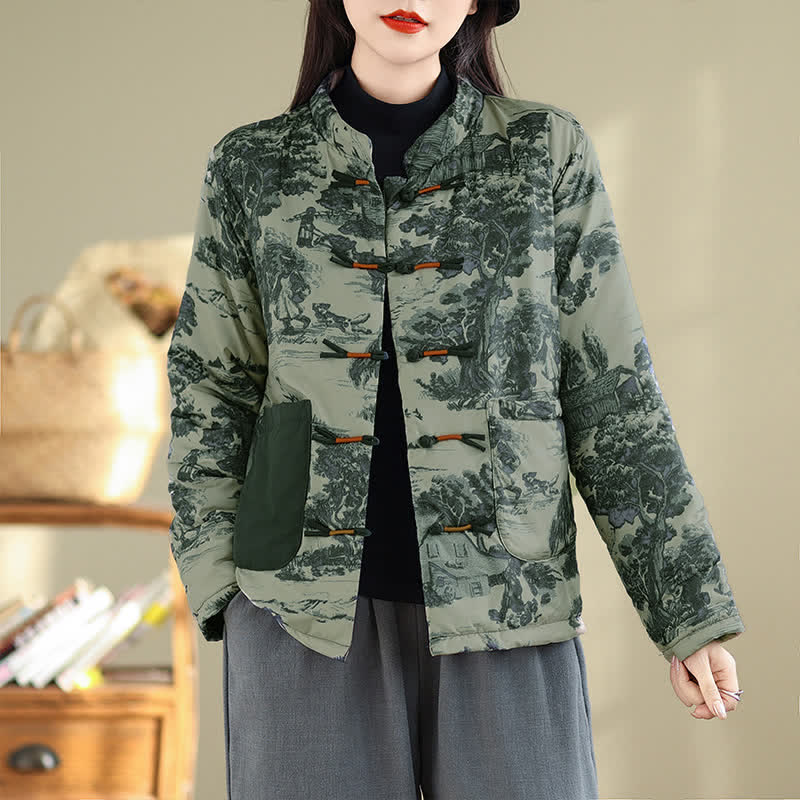 Buddha Stones Herbst/Winter Vintage Tang Style Kurze Damenjacke mit Froschknopfleiste und Baumprint, Taschen - Hellblau - US12, UK/AU16, EU44 (3XL) - image 0