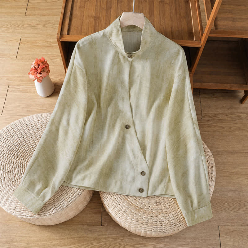Buddha Stones Lässige Damenblusen im Tang-Stil mit Stehkragen und Knöpfen, langärmlig, einfarbig, für den Herbst. - Beige - US8-10, UK/AU12-14, EU40-42 (2XL) - image 0