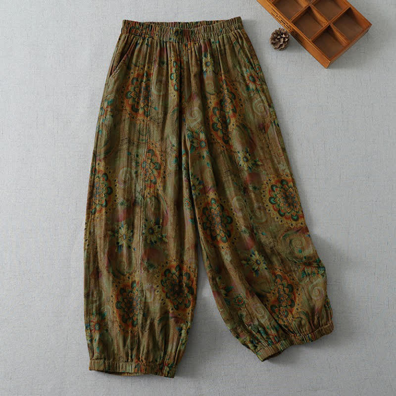 Buddha Stones Frühling/Sommer Vintage Boho Blumenmuster Cropped Hose Damen Haremshose mit Taschen - Sattelbraun - US8-10, UK/AU12-14, EU40-42 (2XL) - image 0