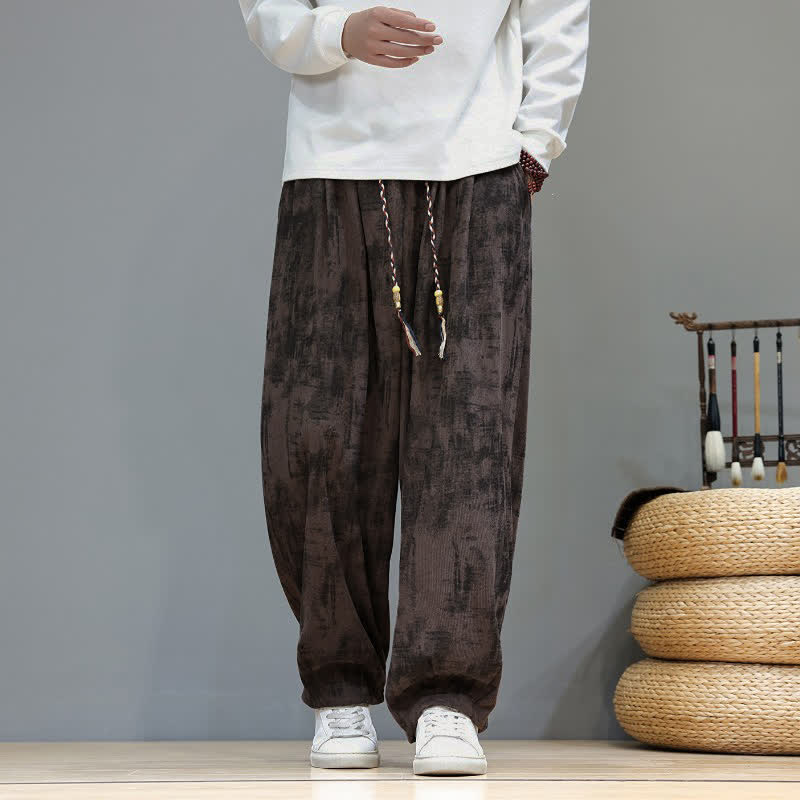 Buddha Stones Lässige Vintage-Haremshose mit Kordelzug und abstraktem Batikmuster für Frühling und Herbst, aus Cord, mit Taschen - Sattelbraun - US/ UK/AU48, EU58 (6XL) - image 0