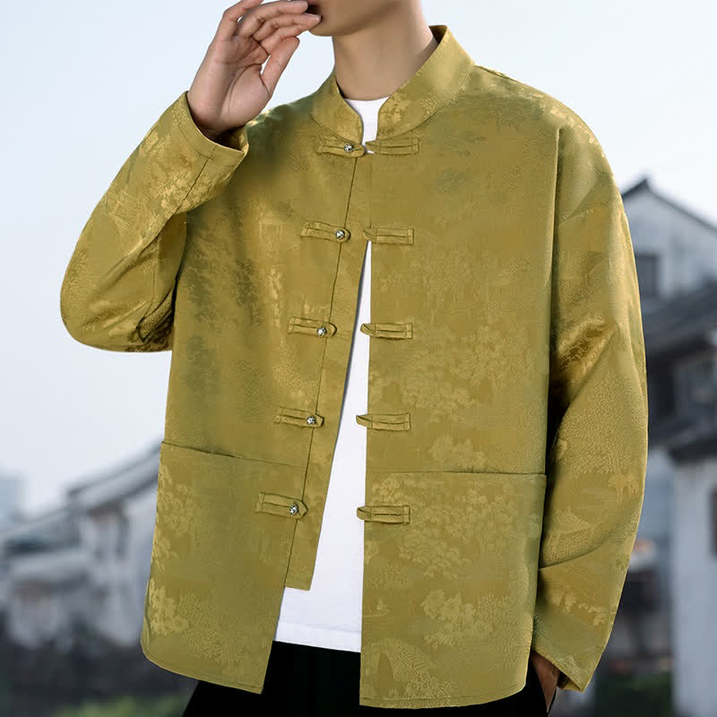 Buddha Stones Lässiges Herrenhemd im Tang-Stil mit Mandarin-Kragen, Froschknöpfen, Landschaftsmuster und Taschen für Frühling und Herbst - Dunkelkhaki - US/UK/AU48, EU58 (5XL) - image 0