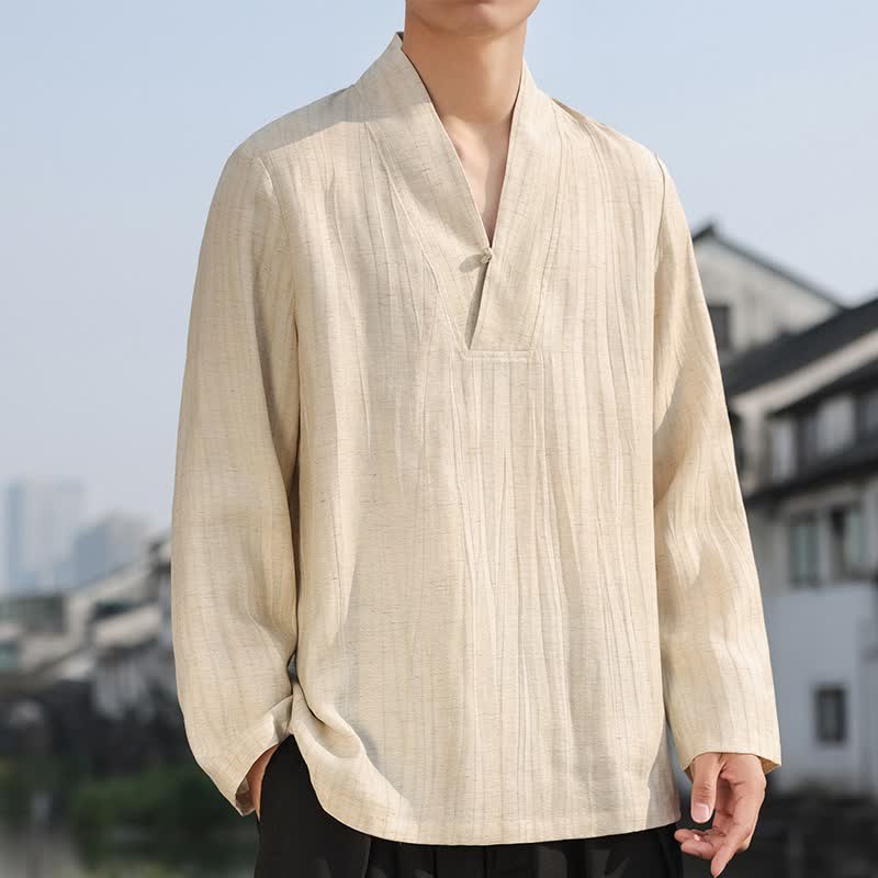 Buddha Stones Lässige Langarmhemden im Tang-Stil für Herren mit V-Ausschnitt, einfarbig, für Frühling und Herbst - Weizen - US/UK/AU46, EU56 (5XL) - image 0