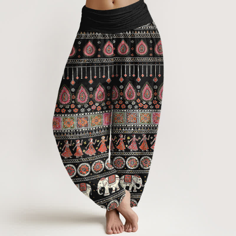 Buddha Stones Baumwoll-Haremshose mit exotischem geometrischem Elefantenmuster und elastischem Bund für Damen - Schwarz - US16, UK/AU20, EU48 (3XL) - image 0