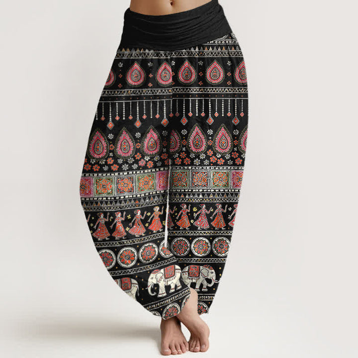 Buddha Stones Baumwoll-Haremshose mit exotischem geometrischem Elefantenmuster und elastischem Bund für Damen - Schwarz - US16, UK/AU20, EU48 (3XL) - image 0