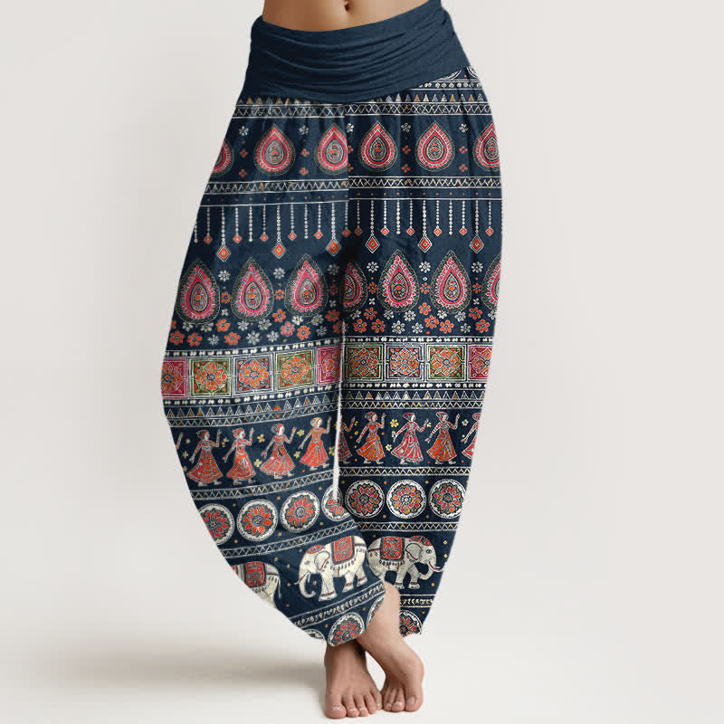 Buddha Stones Baumwoll-Haremshose mit exotischem geometrischem Elefantenmuster und elastischem Bund für Damen - Mitternachtsblau - US16, UK/AU20, EU48 (3XL) - image 5