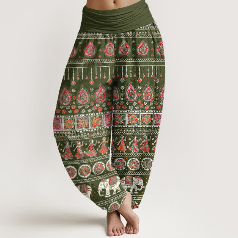 Buddha Stones Baumwoll-Haremshose mit exotischem geometrischem Elefantenmuster und elastischem Bund für Damen - Dunkelolivgrün - US16, UK/AU20, EU48 (3XL) - image 8