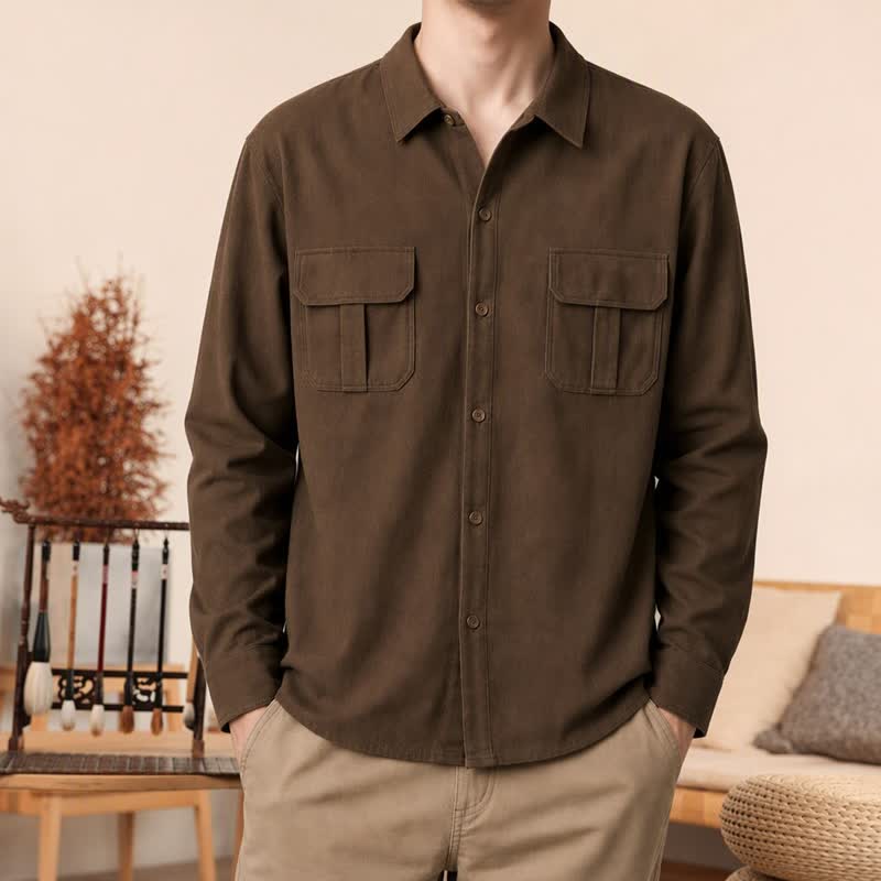 Buddha Stones Lässige, schlichte Herren-Langarmhemden aus Cord mit aufgesetzten Taschen für den Frühling - Sattelbraun - US/UK/AU42, EU52 (3XL) - image 0