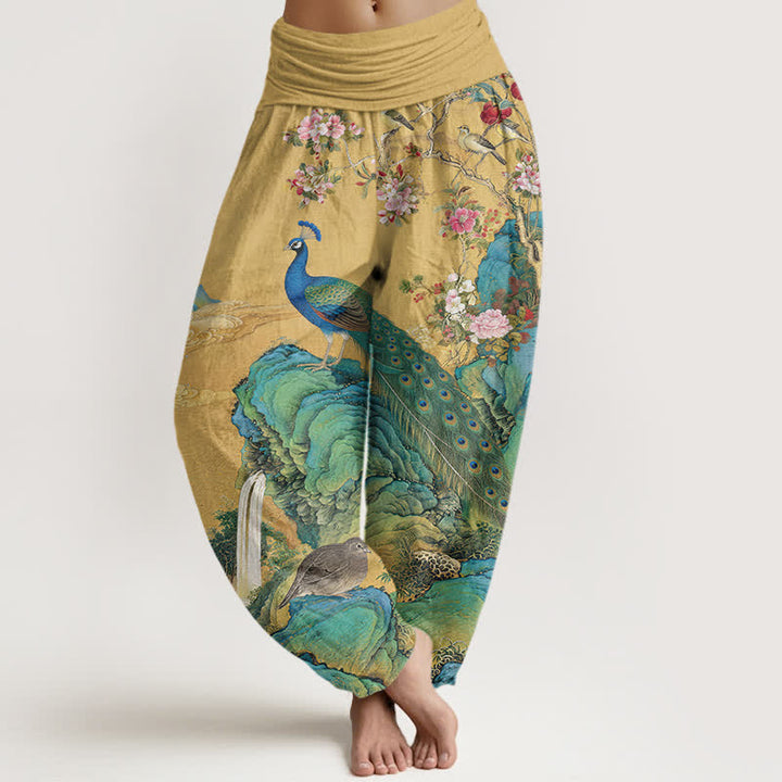 Buddha Stones Baumwoll-Haremshose mit Pfauen- und Blumenmuster, elastischer Bund, für Damen - Goldrute - US16, UK/AU20, EU48 (3XL) - image 0