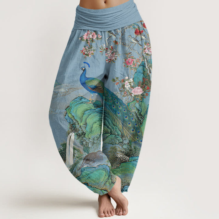 Buddha Stones Baumwoll-Haremshose mit Pfauen- und Blumenmuster, elastischer Bund, für Damen - Hellblau - US16, UK/AU20, EU48 (3XL) - image 5