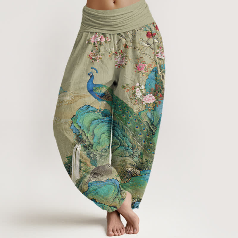 Buddha Stones Baumwoll-Haremshose mit Pfauen- und Blumenmuster, elastischer Bund, für Damen - Dunkelkhaki - US16, UK/AU20, EU48 (3XL) - image 8