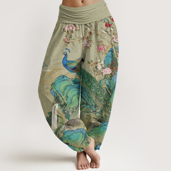 Buddha Stones Baumwoll-Haremshose mit Pfauen- und Blumenmuster, elastischer Bund, für Damen - Dunkelkhaki - US16, UK/AU20, EU48 (3XL) - image 8