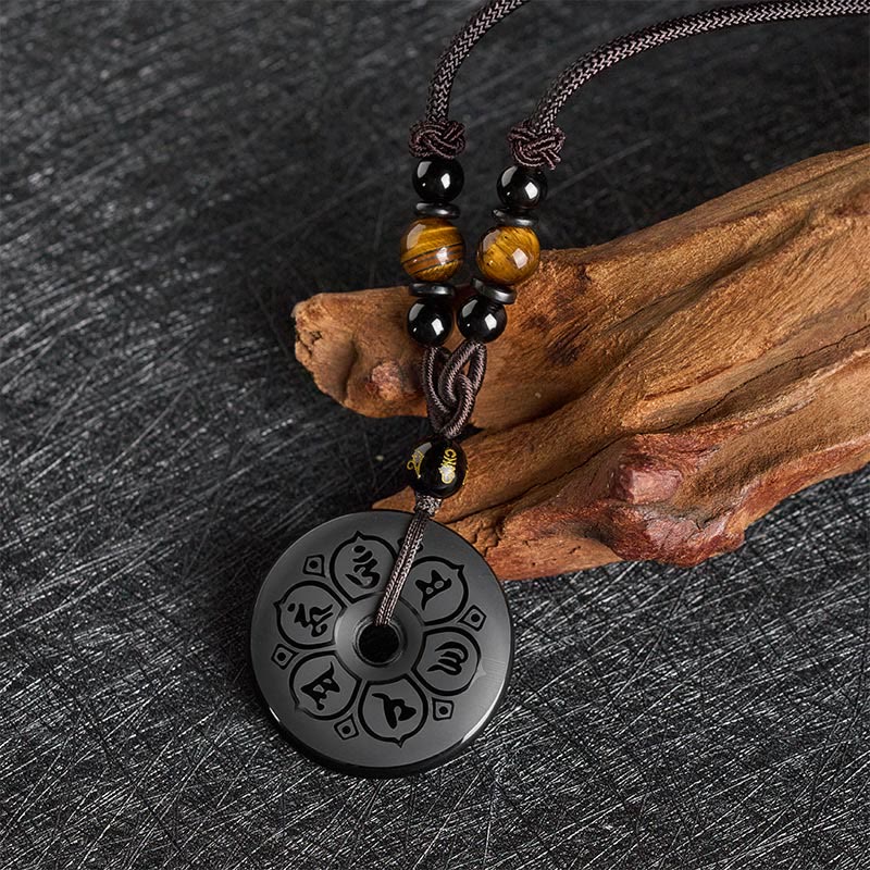 Buddha Stones Schwarze Obsidian-Friedensschnalle, gravierte geflochtene Halskette - image 1