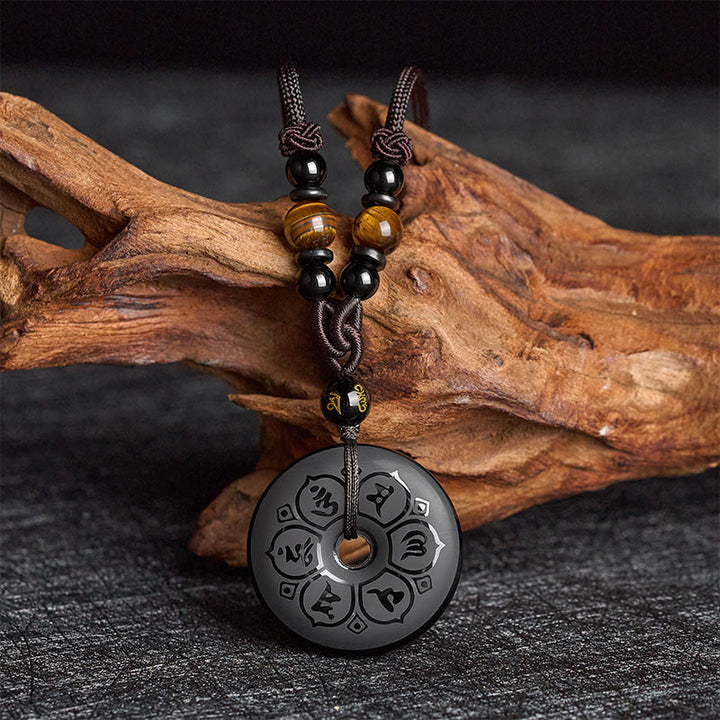 Buddha Stones Schwarze Obsidian-Friedensschnalle, gravierte geflochtene Halskette - Om Mani Padme Hum (Liebe ♥ Weisheit) - image 0