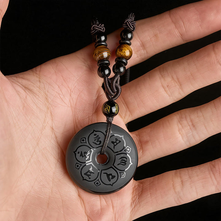Buddha Stones Schwarze Obsidian-Friedensschnalle, gravierte geflochtene Halskette - image 7