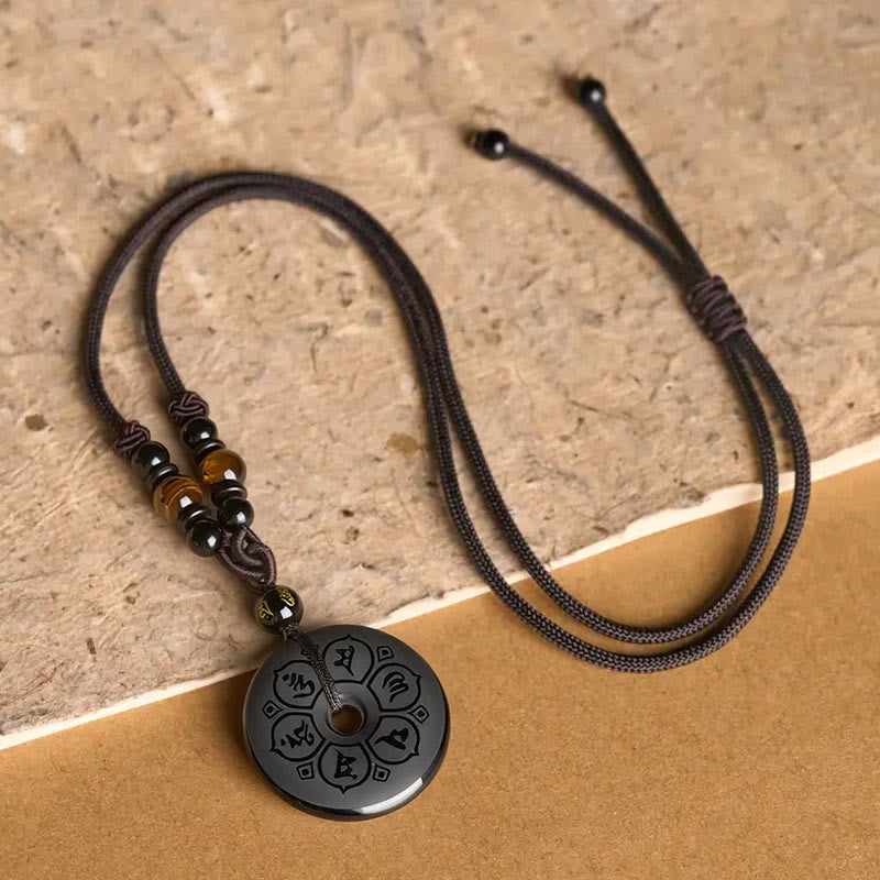 Buddha Stones Schwarze Obsidian-Friedensschnalle, gravierte geflochtene Halskette - image 3