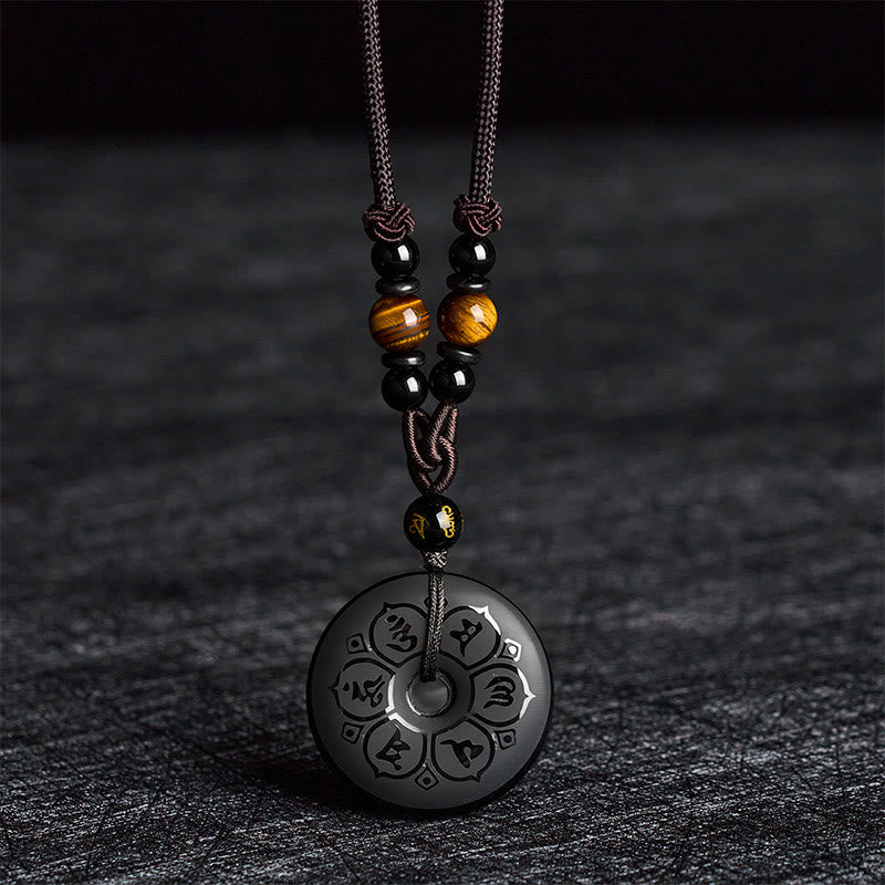 Buddha Stones Schwarze Obsidian-Friedensschnalle, gravierte geflochtene Halskette - image 2