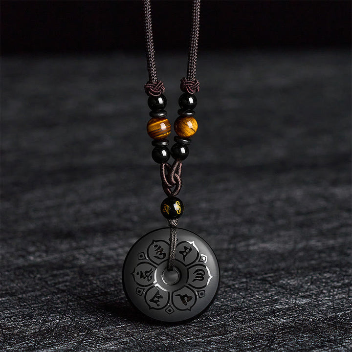 Buddha Stones Schwarze Obsidian-Friedensschnalle, gravierte geflochtene Halskette - image 2
