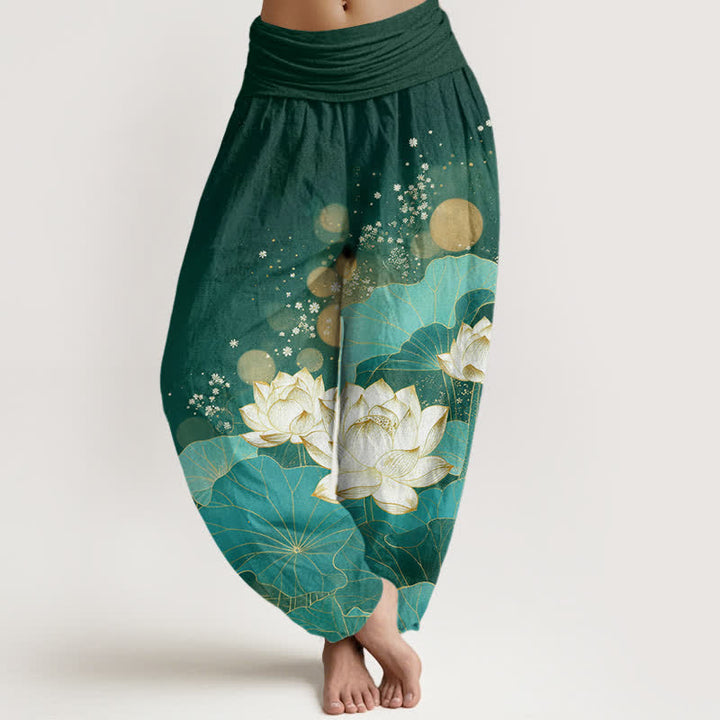 Buddha Stones Baumwoll-Haremshose mit orientalischem Lotusblattmuster und elastischem Bund für Damen - Dunkelgrün - US16, UK/AU20, EU48 (3XL) - image 0